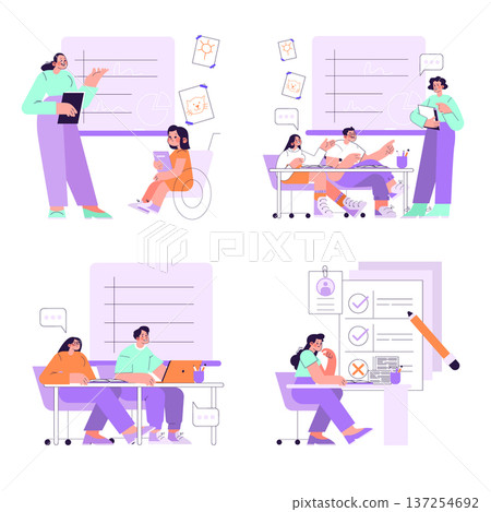 Vector illustration depicting diverse students in an inclusive learning environment. Scenes show wheelchair use, teamwork, computer use, and assessment, highlighting accessibility and collaboration. Vector illustration depicting diverse students in an inclusive learning environment. Scenes show wheelchair use, teamwork, computer use, and assessment, highlighting accessibility and collaboration. 137254692
