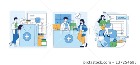 Vector illustration set showing a pharmacy visit, medication purchase, and diet consultation. Depicts a doctor, pharmacist, and nutritionist providing healthcare advice and services. Vector illustration set showing a pharmacy visit, medication purchase, and diet consultation. Depicts a doctor, pharmacist, and nutritionist providing healthcare advice and services. 137254693