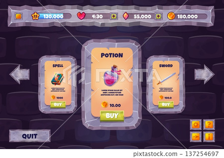 Game store ui. Fantasy rpg shop stone interface, rock menu buttons frame magic wizard goods potion sword spell book medieval 2d mobile gaming cartoon background vector illustration Game store ui. Fantasy rpg shop stone interface, rock menu buttons frame magic wizard goods potion sword spell book medieval 2d mobile gaming cartoon background vector illustration 137254697