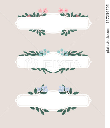 Elegant set of floral frames with delicate flowers and branches. Romantic botanical collection of labels with green leaves vector illustration Elegant set of floral frames with delicate flowers and branches. Romantic botanical collection of labels with green leaves vector illustration 137254705