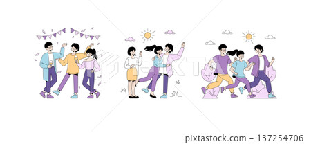 Vector illustration depicting joyful group activities. Characters celebrate at a party, enjoy outdoor dancing, and run in a park, expressing excitement and happiness in each scene. 137254706