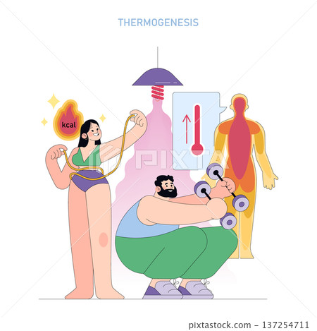 A colorful vector illustration of people engaging in thermogenic activities like jumping rope and weight lifting, visualizing heat production in the body to burn calories effectively. A colorful vector illustration of people engaging in thermogenic activities like jumping rope and weight lifting, visualizing heat production in the body to burn calories effectively. 137254711