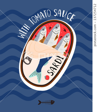 Colorful canned sardines. Seafood vector illustration. Cartoon sticker of Fish can Colorful canned sardines. Seafood vector illustration. Cartoon sticker of Fish can 137254712