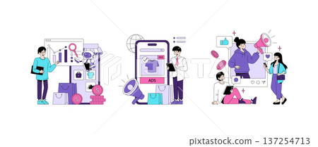 Vector illustration showcasing digital marketing strategy through social media engagement, online advertising, and data analysis. Individuals interact with digital devices, charts, and icons. 137254713