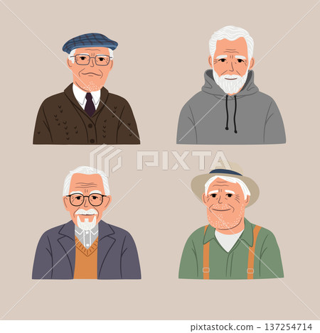 Collection of portraits with gray hair seniors men. Concept vector illustration of the age beauty. Set of different cute grandfathers 137254714
