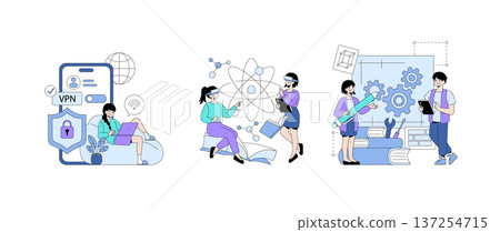 Vector illustration featuring individuals engaging in technology and science activities. Scenes include using VPN on a laptop, exploring chemistry with VR, and collaborating in engineering. 137254715