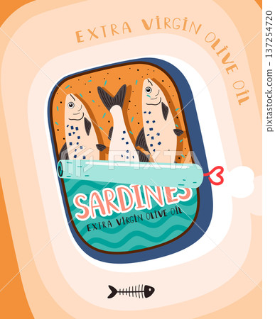 Cartoon sticker of sardines can. Colorful canned fish. Seafood vector illustration 137254720