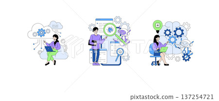 Vector illustration of people interacting with technology, including cloud computing, bug detection, and artificial intelligence. Shows expressions of focus and curiosity. 137254721