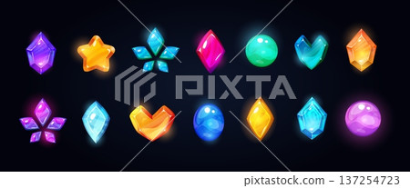 Cartoon precious stones. Gemstone diamonds, gem stones sapphire emerald ruby amethyst topaz crystal jewel treasure gold royal ancient magic fantasy game ui set vector illustration 137254723