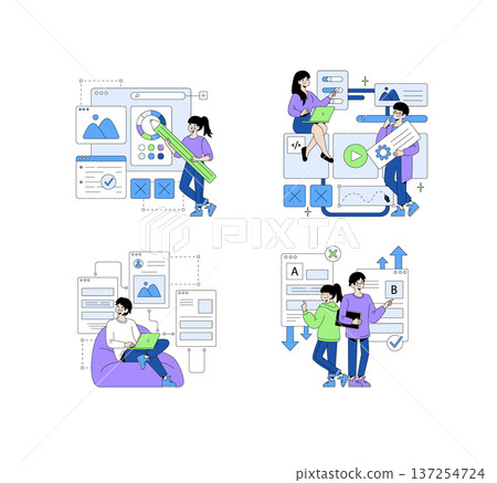 Vector illustration of people engaged in web design activities, including interface creation, coding, and A B testing. Perfect for digital marketing, teamwork, and tech-related concepts. Vector illustration of people engaged in web design activities, including interface creation, coding, and A B testing. Perfect for digital marketing, teamwork, and tech-related concepts. 137254724