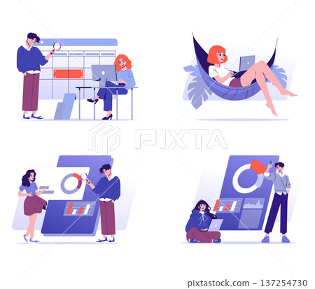 Vector illustration depicting collaborative teamwork with individuals analyzing data charts, alongside a person relaxing in a hammock using a laptop, highlighting work-life balance concepts. 137254730