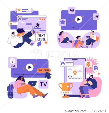 Vector illustration set featuring diverse people engaging in activities like online learning, family education, streaming entertainment, and video gaming with expressive enjoyment. Vector illustration set featuring diverse people engaging in activities like online learning, family education, streaming entertainment, and video gaming with expressive enjoyment. 137254731