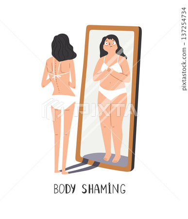 A woman with anorexia is unhappy with her reflection in the mirror. The illusion of a fat body vector illustration. Poor eating habits and disorders A woman with anorexia is unhappy with her reflection in the mirror. The illusion of a fat body vector illustration. Poor eating habits and disorders 137254734