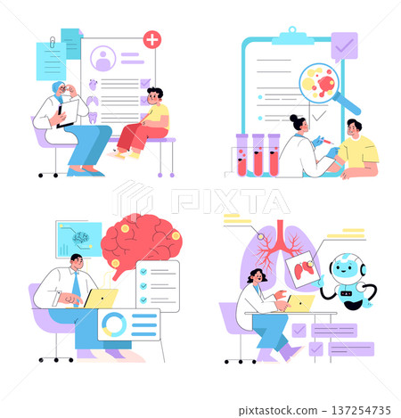 Vector illustrations depicting medical consultations and technology integration. Scenes include a doctor with patient, lab analysis, digital brain assessments, and AI interaction in healthcare. 137254735