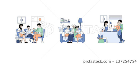 Vector illustration depicting family bonding through shared activities. Includes dining, enjoying a book together, and cooking as a family, emphasizing connection and happiness. Vector illustration depicting family bonding through shared activities. Includes dining, enjoying a book together, and cooking as a family, emphasizing connection and happiness. 137254754