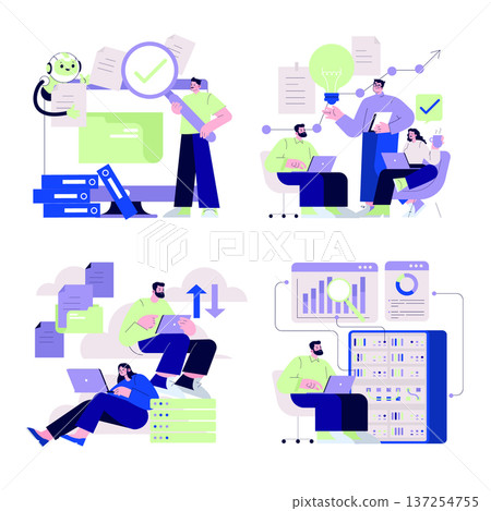 Business team collaborating using digital devices and graphs, depicted in a vector illustration set. They engage with analytics, brainstorming, and document management in an office setting. 137254755