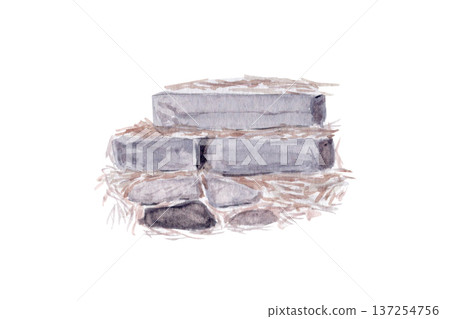 Watercolor stone steps with natural straw texture isolated on white. Hand painted Japanese garden element ideal for zen landscape compositions, spa branding and tranquil oriental design scenes 137254756
