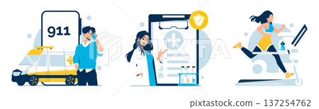 Vector illustration featuring a person making an emergency call, a doctor consulting near medical symbols, and an individual running on a treadmill with focused expressions, embodying healthcare and Vector illustration featuring a person making an emergency call, a doctor consulting near medical symbols, and an individual running on a treadmill with focused expressions, embodying healthcare and 137254762