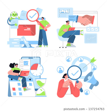 Vector illustration showcasing various business concepts. Characters engage with documents, technology, time management, and strategic planning. Ideal for presentations, marketing, and education. Vector illustration showcasing various business concepts. Characters engage with documents, technology, time management, and strategic planning. Ideal for presentations, marketing, and education. 137254763
