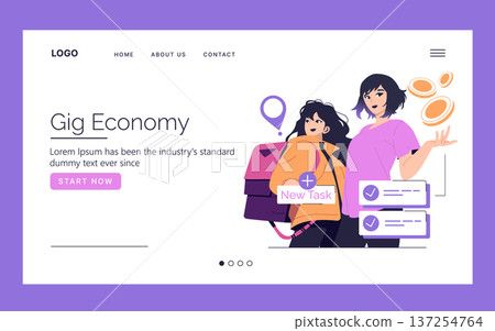 Vector illustration of two freelancers representing the gig economy concept. They stand with expressions of confidence and dynamism, conveying modern work flexibility and opportunities. 137254764