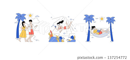 Vector illustration set depicting tropical vacation activities. Includes a couple walking, a woman snorkeling, and a woman relaxing in a hammock. Vibrant colors and summer vibes enhance the tropical 137254772