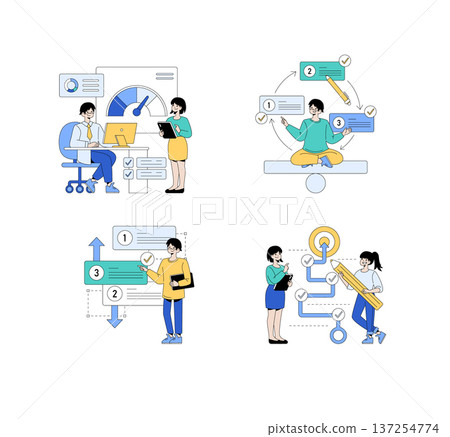 Vector illustration depicting business workflow scenarios. Includes office tasks, planning, collaboration, and productivity with people interacting through various stages of task management. Vector illustration depicting business workflow scenarios. Includes office tasks, planning, collaboration, and productivity with people interacting through various stages of task management. 137254774