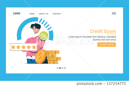 Credit score vector illustration featuring a confident person with folded arms, five-star rating, percentage sign, and coin stack elements, indicating financial success and stability. 137254775