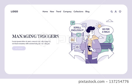 Vector illustration of a person contemplating digital habits with a phone in hand, surrounded by icons of online activities. Pondering choices between scrolling or taking a walk. 137254776