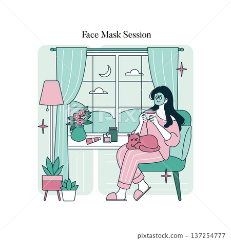 Vector illustration of a woman relaxing at home with a face mask and a cat on her lap. She sips a drink and enjoys a peaceful evening beside a window with plants and night sky view. 137254777