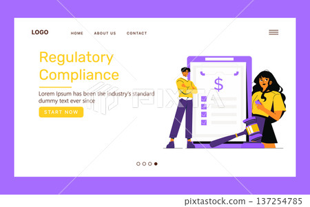 Vector illustration of a regulatory compliance concept featuring diverse professionals. A man with crossed arms stands confidently, while a woman with a smartphone engages thoughtfully. 137254785