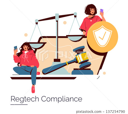 Vector illustration showcasing regtech compliance. Features two people using smartphones with a focus on justice symbols, such as scales, a gavel, and a protective shield icon. Vector illustration showcasing regtech compliance. Features two people using smartphones with a focus on justice symbols, such as scales, a gavel, and a protective shield icon. 137254790