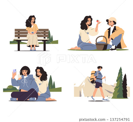 Vector illustration depicting social interactions and outdoor activities. Scenes include a bench conversation, picnic with fruit, selfie-taking with friends, and hiking in a mountain area. 137254791