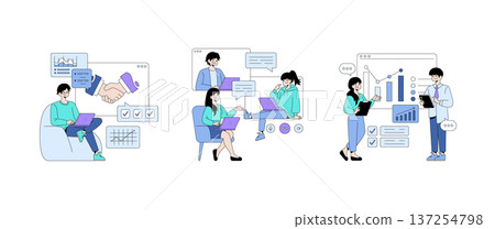 Vector illustration depicting team communication and collaboration through digital devices. Features individuals discussing ideas, analyzing data, and working on laptops in a business context. 137254798