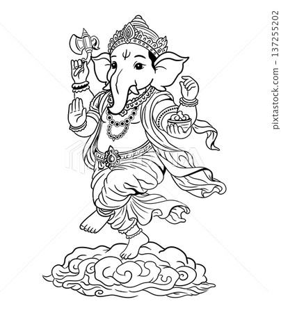 Beautiful line art illustration of dancing Lord Ganesha, Hindu god of success and wisdom with axe and sweet bowl, traditional divine elephant deity character on white background for coloring page Beautiful line art illustration of dancing Lord Ganesha, Hindu god of success and wisdom with axe and sweet bowl, traditional divine elephant deity character on white background for coloring page 137255202