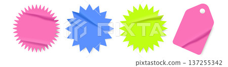 Y2K promotional starburst glued stickers set and hanging price tag in pink, blue and green. Star burst clip art for sale, discount, special offer and web marketing design. Vector illustration isolated 137255342