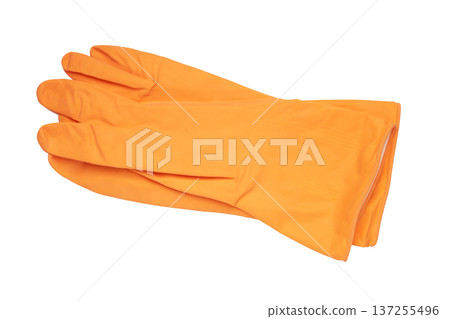 Orange rubber gloves for cleaning isolated on white background, housework concept Orange rubber gloves for cleaning isolated on white background, housework concept 137255496