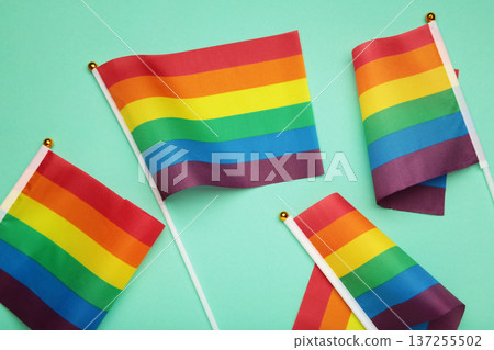 LGBT rainbow flag flat lay on red background. LGBT rainbow flag flat lay on red background. 137255502