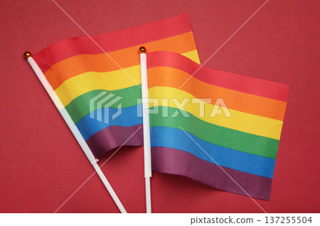 LGBT rainbow flag flat lay on red background. LGBT rainbow flag flat lay on red background. 137255504