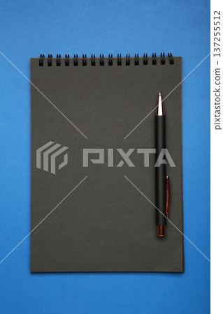 Black notebook with black pen on blue background. Mockup 137255512