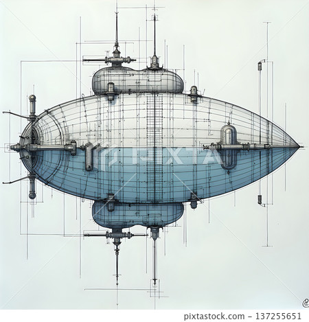 The detailed design of a fictional submarine. The design includes many lines, shapes, and various parts. It is drawn in blue and gray on a white background. 137255651