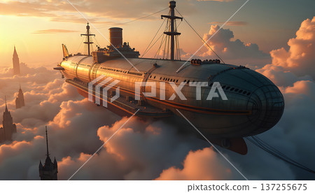 A large submarine floats high in the clouds during sunset. The sun casts a warm glow on the metal surface. The scene shows a distant city with tall buildings below as the submarine sails above. 137255675