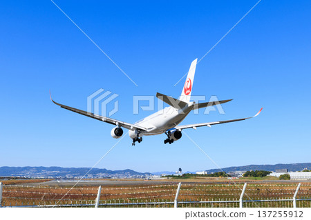 飛機在大阪國際機場(伊丹機場)跑道上降落 飛機在大阪國際機場(伊丹機場)跑道上降落 137255912