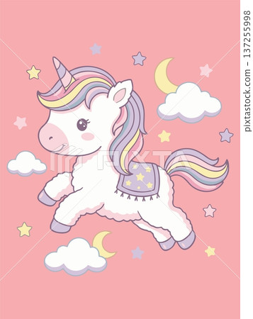 Cute Winged Unicorn Illustration Flying in the Sky 137255998