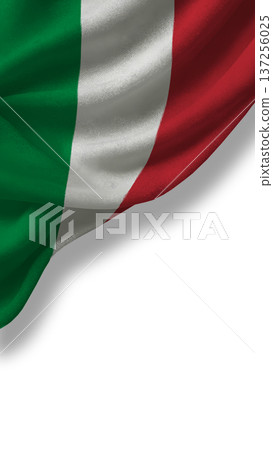 Flag of Italy displayed with folds showing red, white and green colors and a distinctive pattern Flag of Italy displayed with folds showing red, white and green colors and a distinctive pattern 137256025
