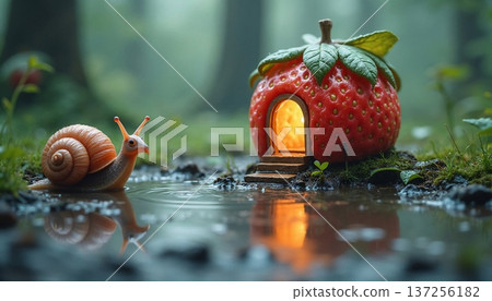 The image shows a snail crawling through water past a fairy house made of strawberries The image shows a snail crawling through water past a fairy house made of strawberries 137256182