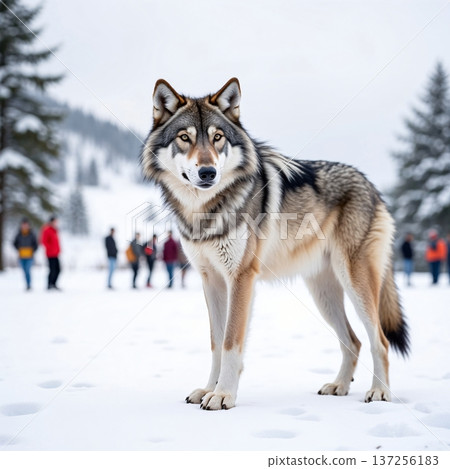 The image shows a wolf in a snowy area, which is typical of its natural habitat during the winter The image shows a wolf in a snowy area, which is typical of its natural habitat during the winter 137256183