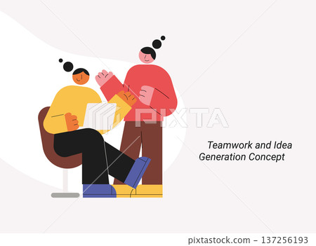 Teamwork and idea generation concept with two people collaborating and brainstorming. Flat design vector illustration for teamwork, collaboration and creative meeting concepts. Teamwork and idea generation concept with two people collaborating and brainstorming. Flat design vector illustration for teamwork, collaboration and creative meeting concepts. 137256193