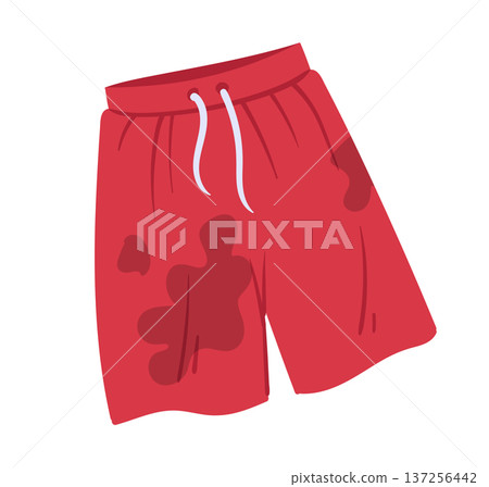 Cartoon dirty shorts. Wrinkled stained clothes, laundry apparel flat vector illustration. Stained dirty shorts isolated on white background 137256442