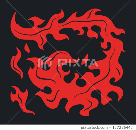 Cartoon fire silhouette. Burning fire flame, twisted red wildfire element, fire burning silhouette flat vector illustration. Isolated flames silhouette 137256443