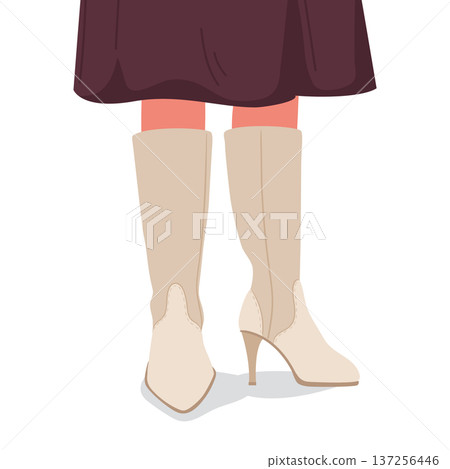 Cartoon woman casual outfit. Female legs wearing boots and skirt, trendy female outfit flat vector illustration. Fashion look on white background Cartoon woman casual outfit. Female legs wearing boots and skirt, trendy female outfit flat vector illustration. Fashion look on white background 137256446